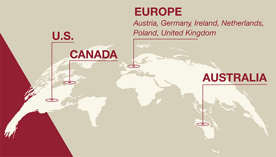 Stores in the U.S., Canada, Austria, Germany, Ireland, Netherlands, Poland, United Kingdom, and Australia
